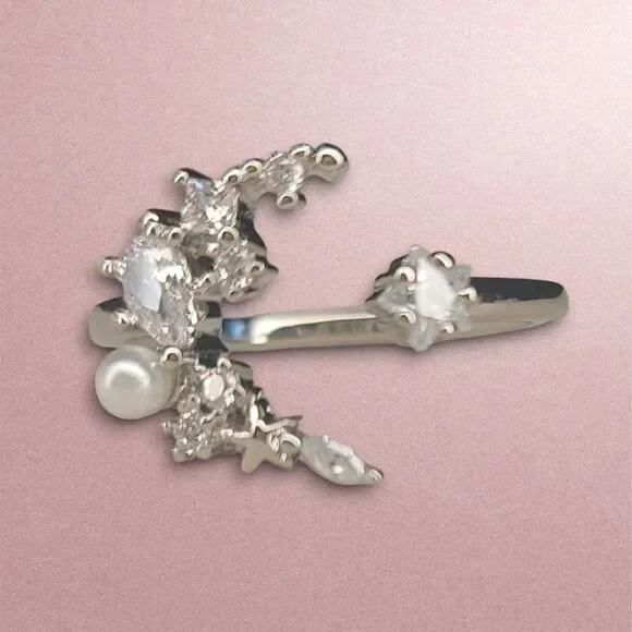 Open Half Moon Star Ring 925 Sterling Silver White Gold Plated CZ Pearl Sz 6.5 - Picture 2 of 8